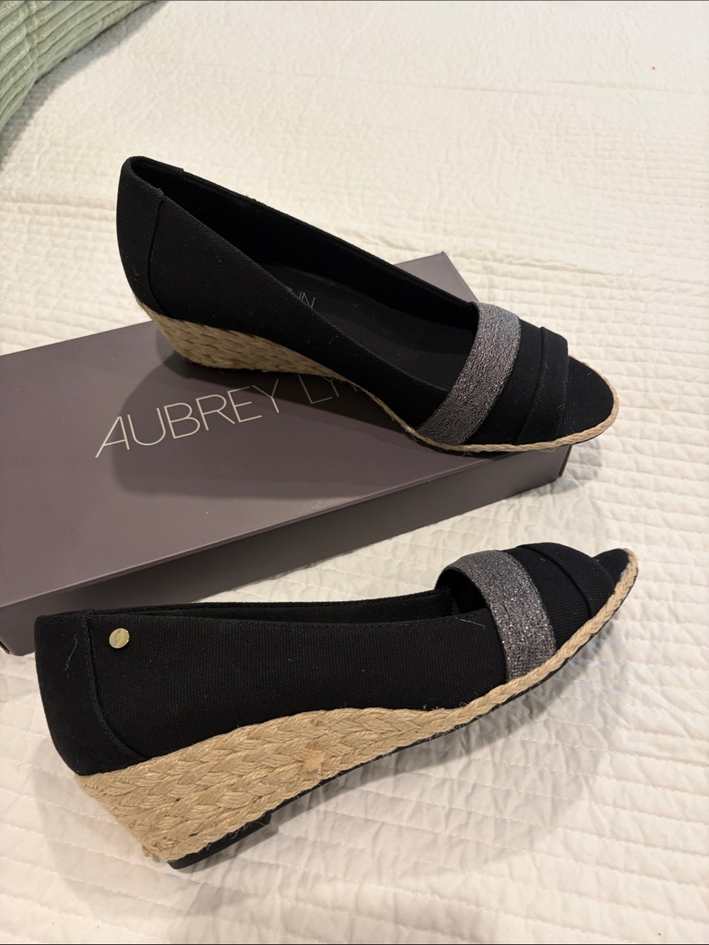 Aubrey Lane Black Espadrille Wedge Peep-Toe with Silver Accent